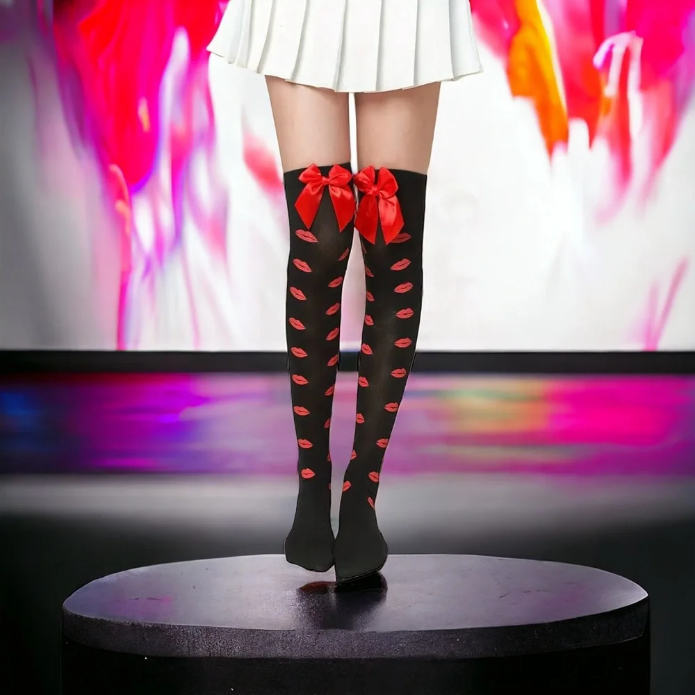 Lips Kiss Mesh Thigh High Stockings Bow Decor Valentines Day Over The Knee Socks